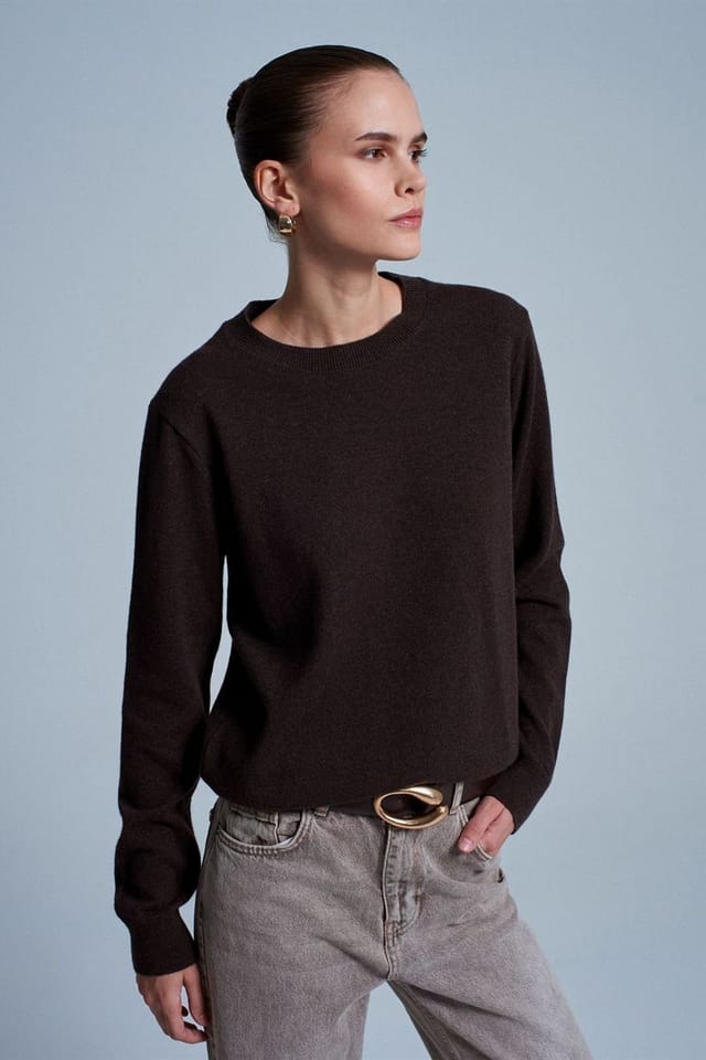 Dilvin Dilvin Women's Cashmere Ribbed Crew Neck Sweater in Chocolate - 2