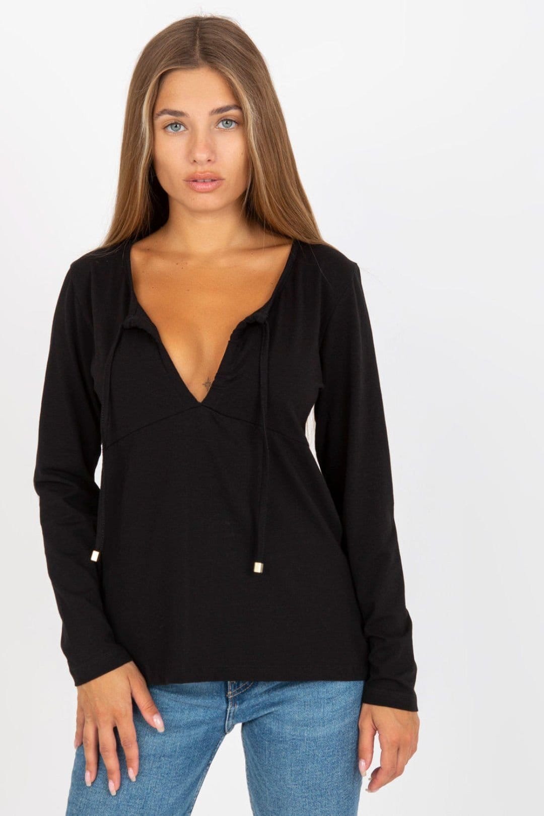 Love Lace Black Long Sleeve Deep Neckline Bound Blouse