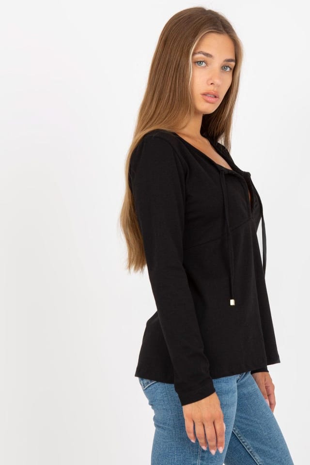 Love Lace Love Lace Women's Long Sleeve Deep Neckline Bound Blouse in Black - 3