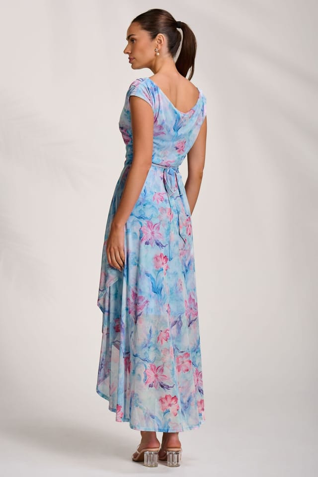Jolie Moi Jolie Moi Women's Asymmetric Draped Mesh Maxi Dress in Blue - 2