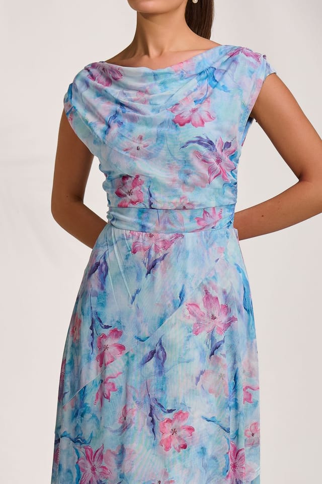 Jolie Moi Jolie Moi Women's Asymmetric Draped Mesh Maxi Dress in Blue - 3