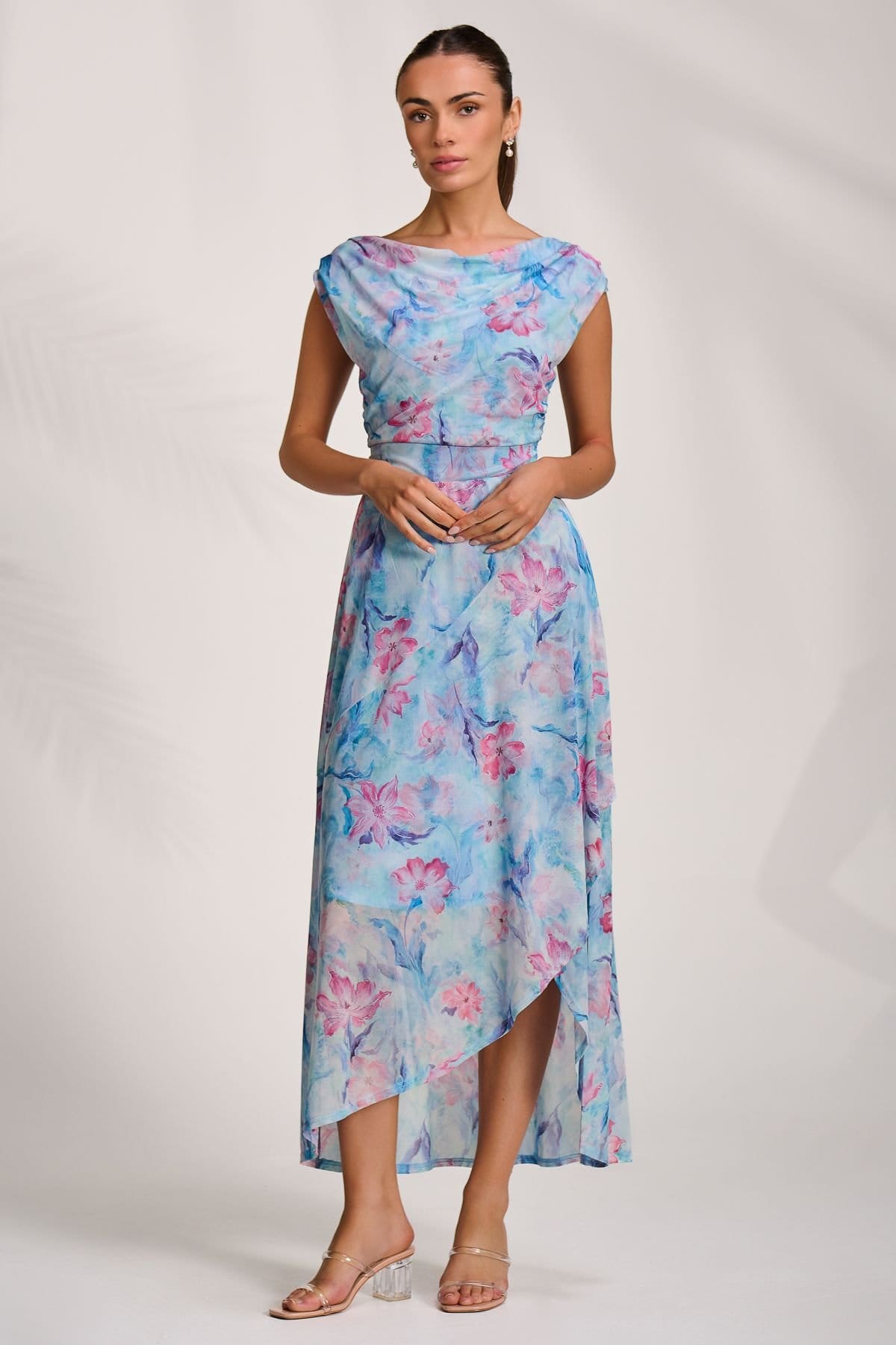 Jolie Moi Jolie Moi Women's Asymmetric Draped Mesh Maxi Dress in Blue - 4