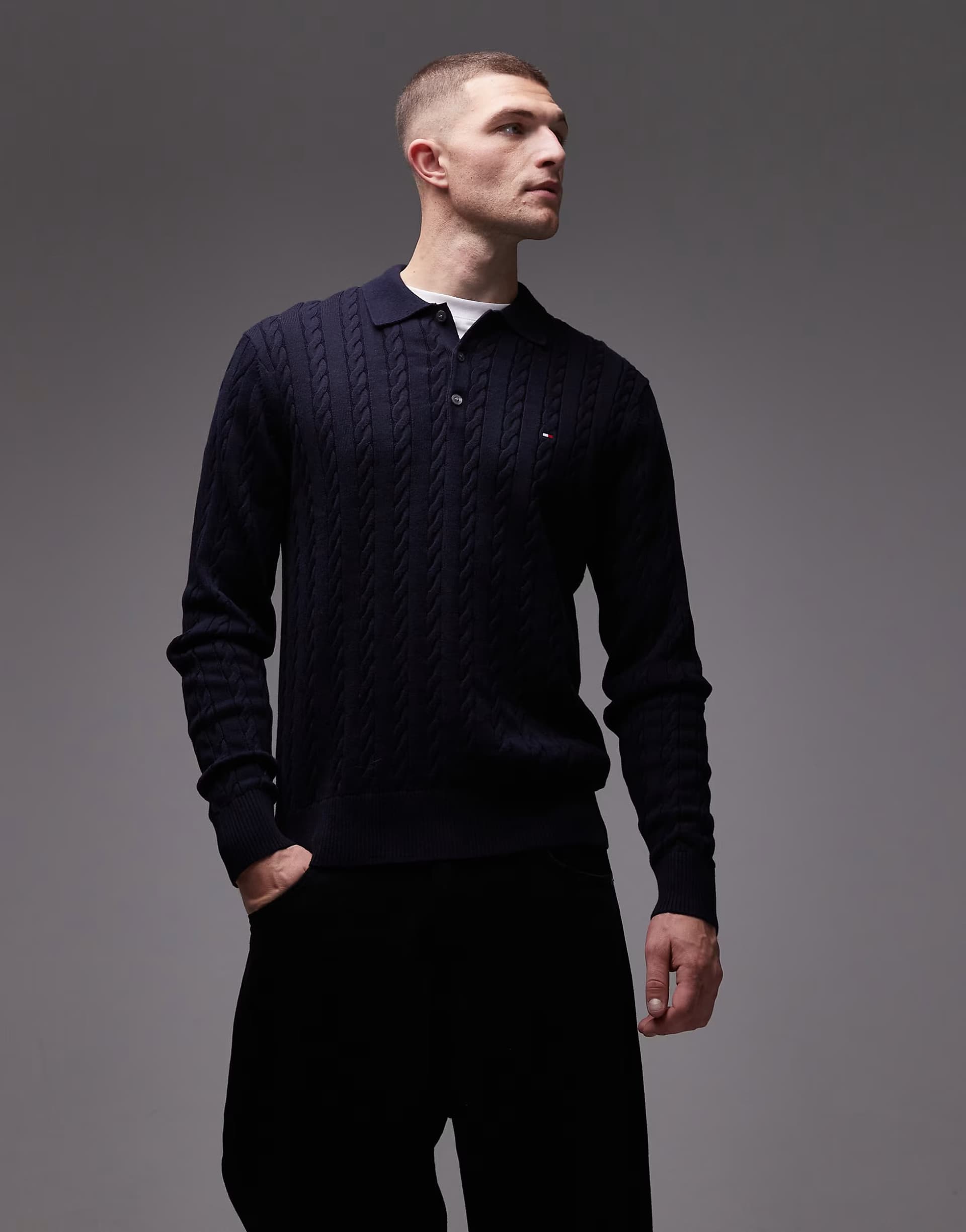 ASOS Tommy Hilfiger cable knit long sleeve polo in navy
