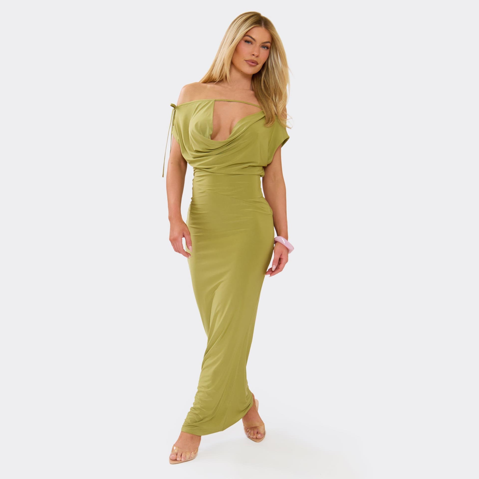 EGO Off The Shoulder Cowl Neck Plunge Front Double Layer Maxi Dress In Green Slinky, Women's Size UK 6