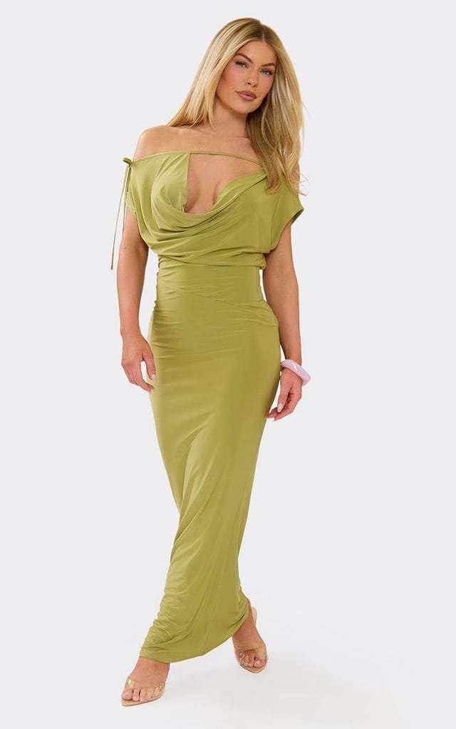 EGO Off The Shoulder Cowl Neck Plunge Front Double Layer Maxi Dress In Green Slinky, Women's Size UK 6 - 2