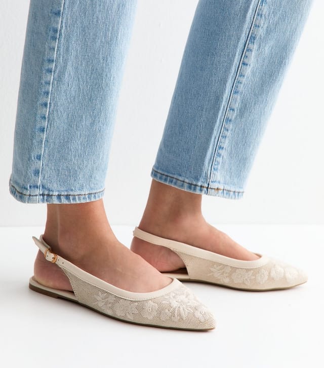 New Look Women's Wide Fit Off White Floral Embroidered Slingback Pumps Vegan New Look - 2