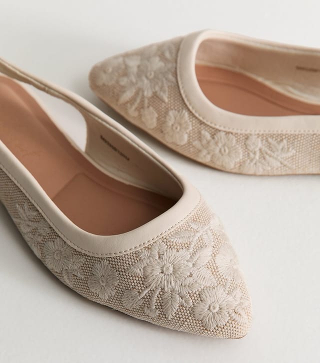 New Look Women's Wide Fit Off White Floral Embroidered Slingback Pumps Vegan New Look - 3