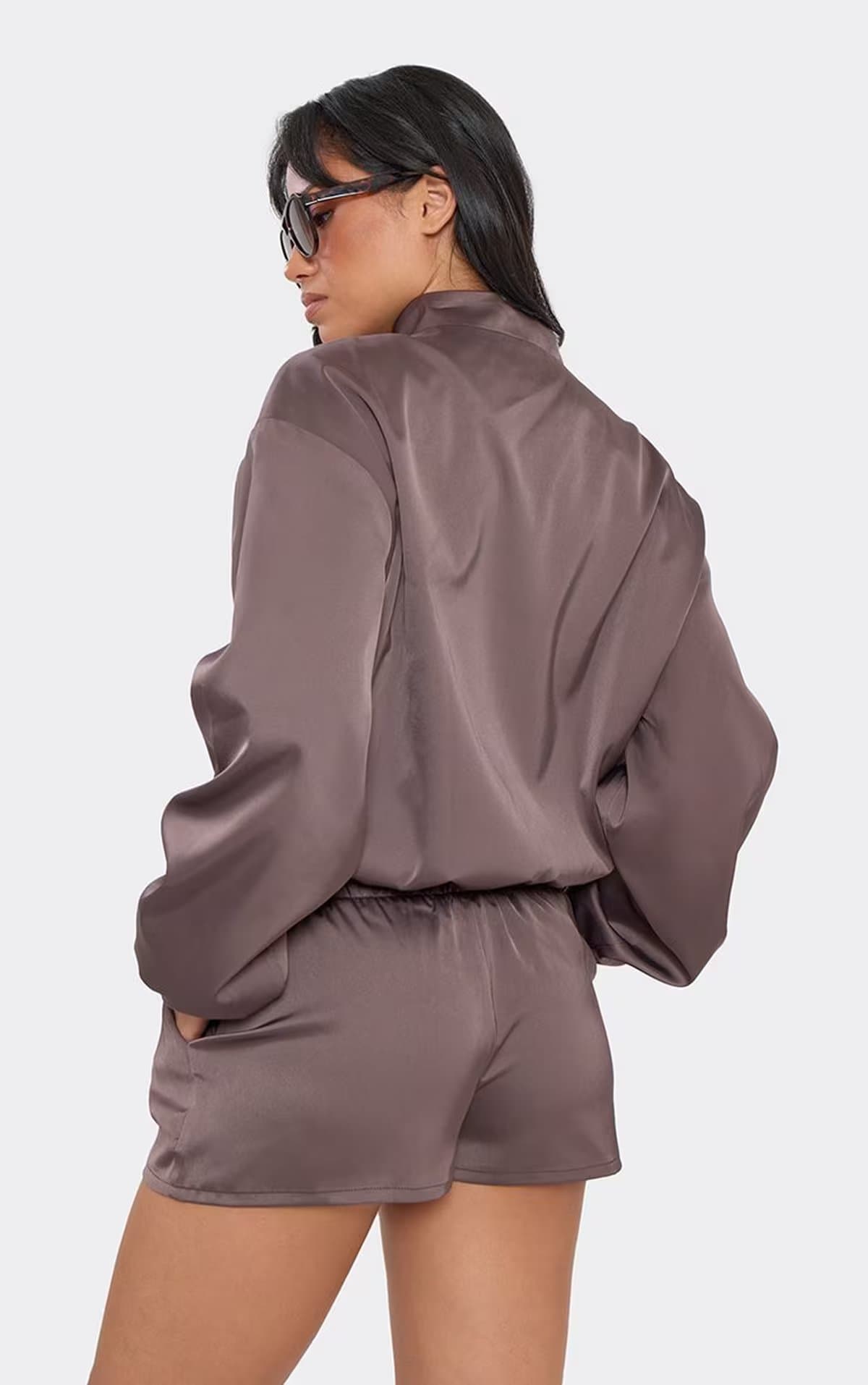 EGO Mid Rise Drawstring Waist Mini Shorts In Chocolate Brown Satin, Women's Size UK 6