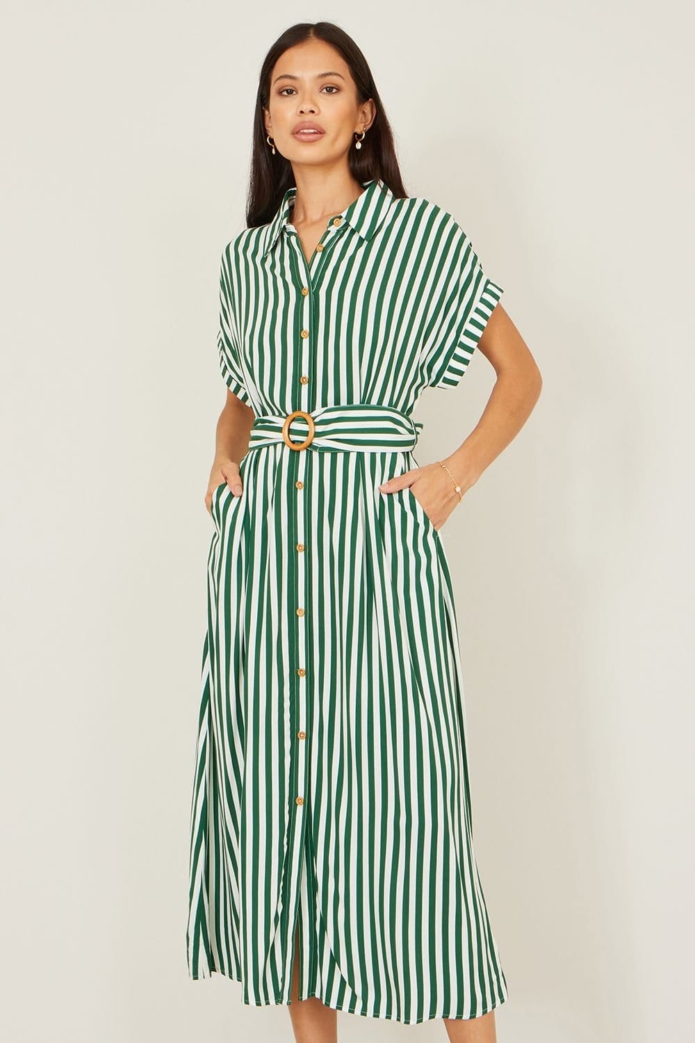 Yumi Green Stripe Print Relaxed Midi Shirt Dress With Belt