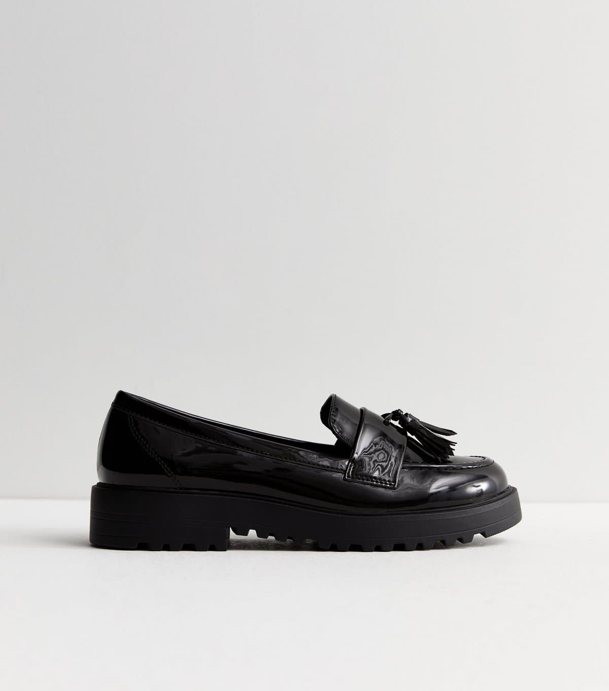 New Look Women's Black Patent Tassel Chunky Loafers Vegan New Look