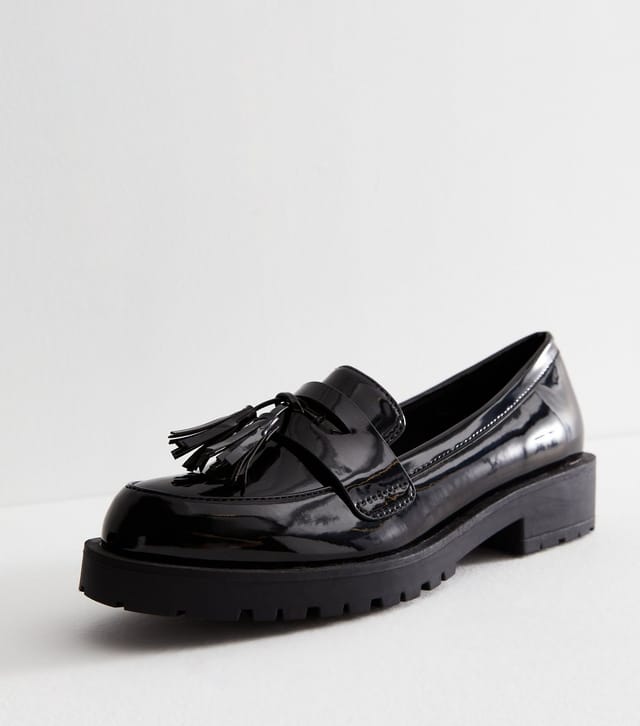 New Look Women's Black Patent Tassel Chunky Loafers Vegan New Look - 2
