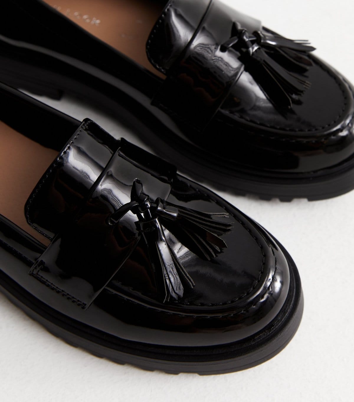 New Look Women's Black Patent Tassel Chunky Loafers Vegan New Look - 4
