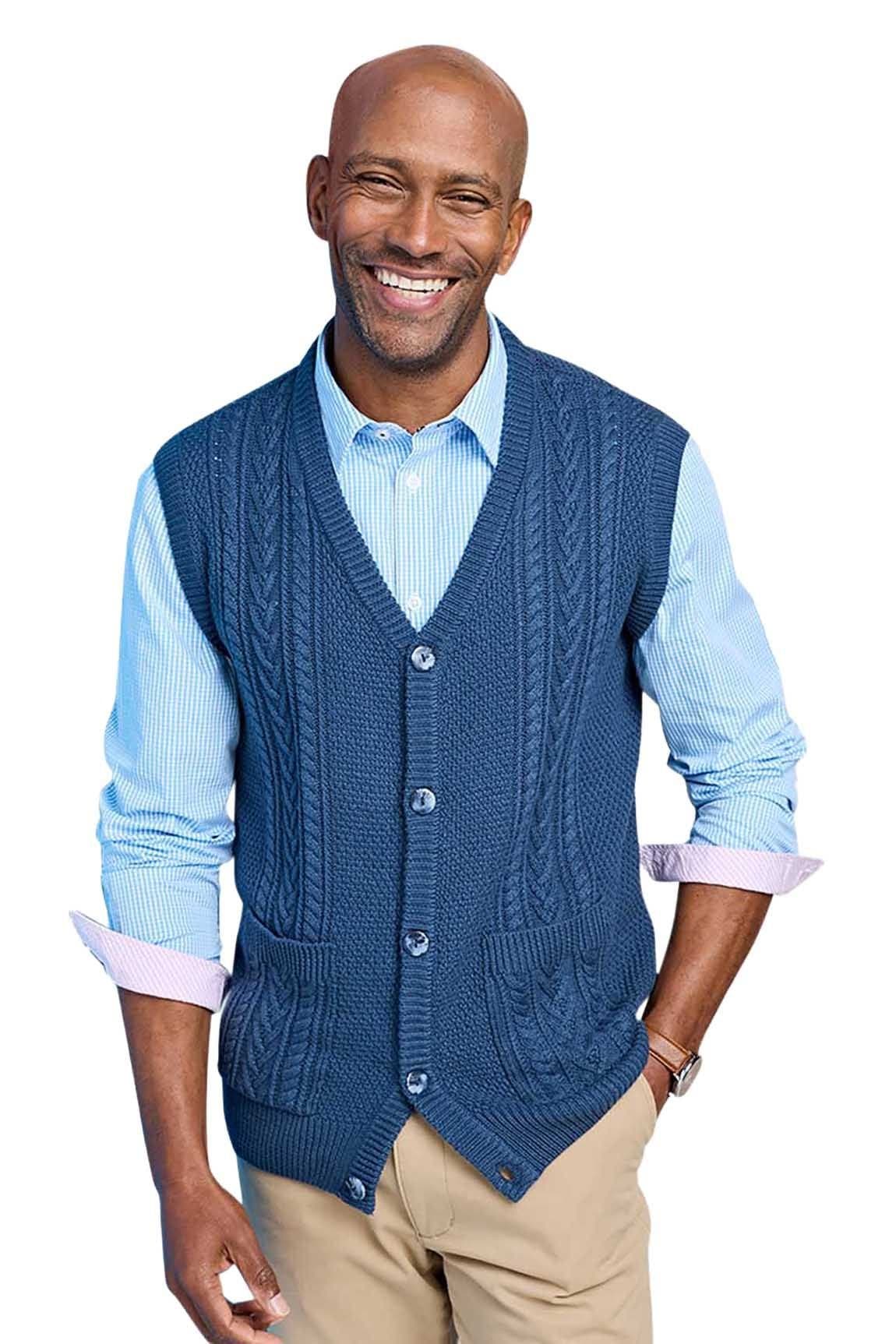 Tootal Tootal Men's Cable Knitted Waistcoat, Chunky Cotton Blend Sleeveless Jumper, Smart in Blue