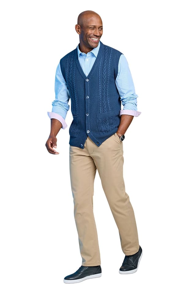 Tootal Tootal Men's Cable Knitted Waistcoat, Chunky Cotton Blend Sleeveless Jumper, Smart in Blue - 2