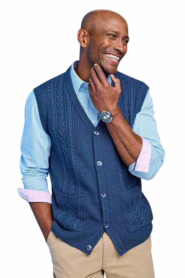 Tootal Tootal Men's Cable Knitted Waistcoat, Chunky Cotton Blend Sleeveless Jumper, Smart in Blue - 3
