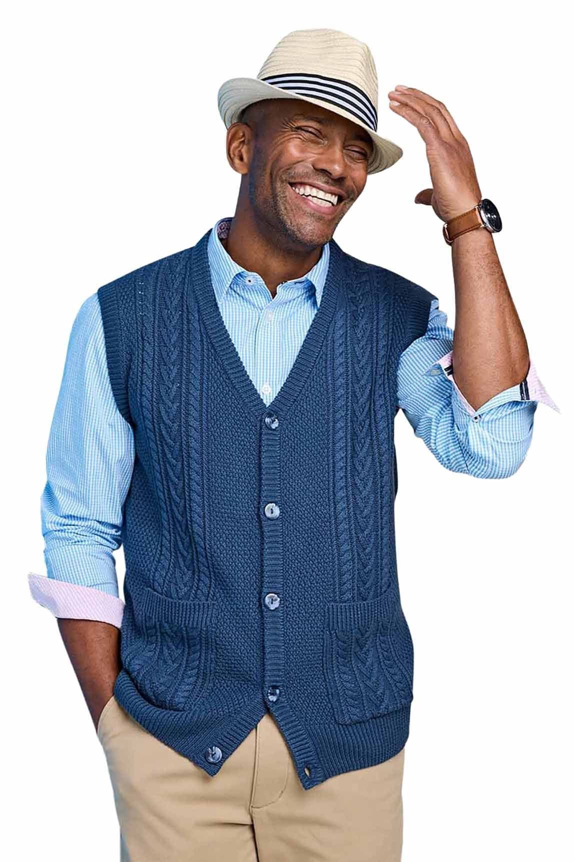 Tootal Tootal Men's Cable Knitted Waistcoat, Chunky Cotton Blend Sleeveless Jumper, Smart in Blue - 4