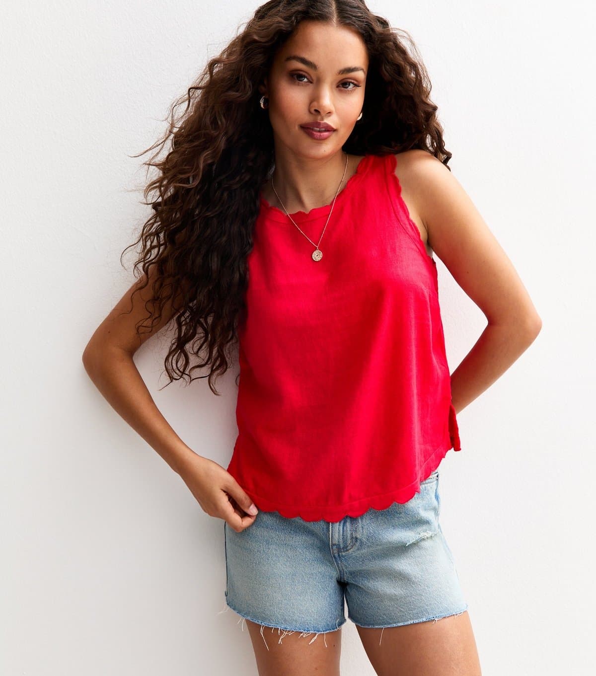 New Look New Look Red Linen Blend Scalloped Trim Vest