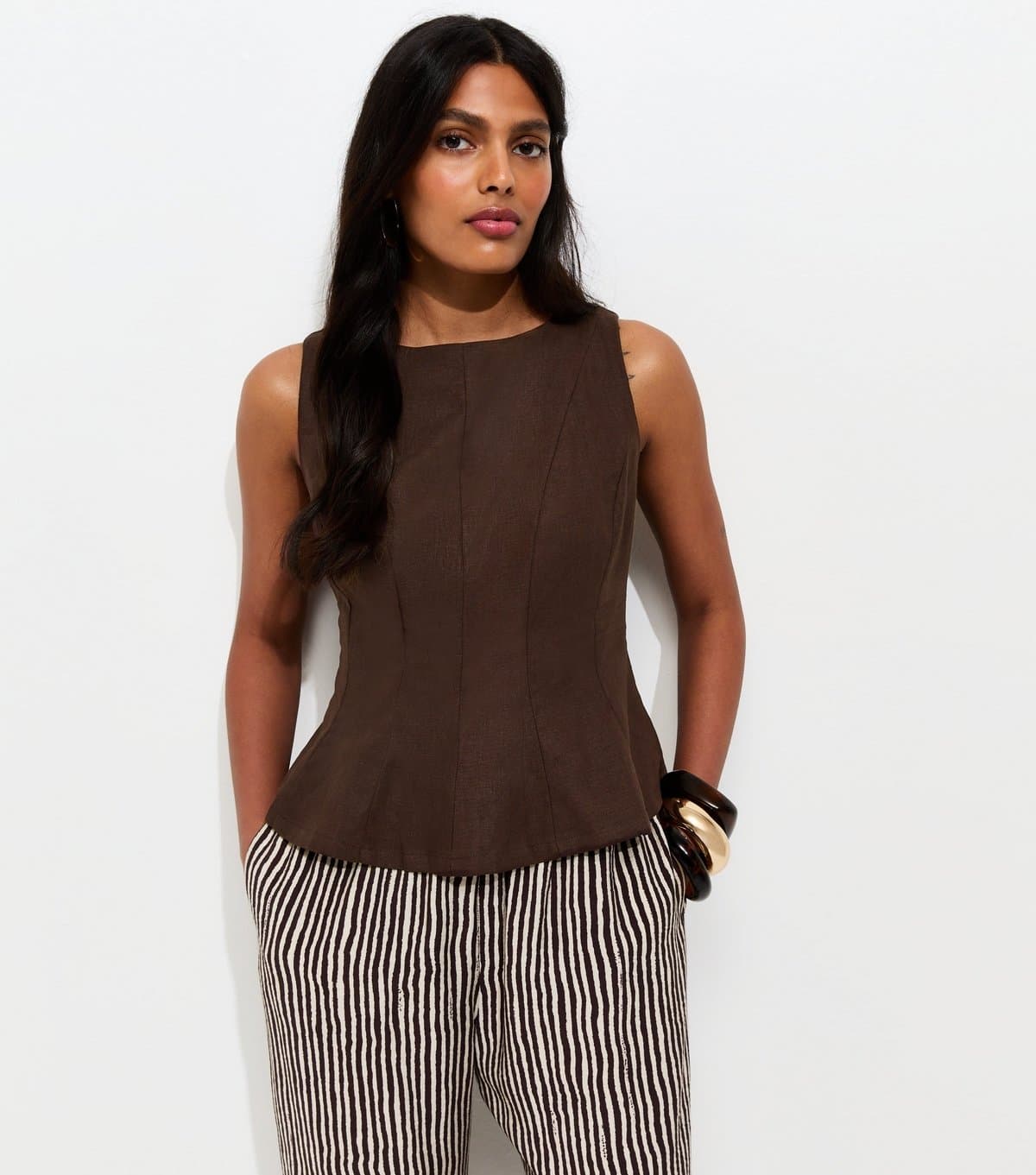 New Look Women's Dark Brown Linen Blend Peplum Top New Look