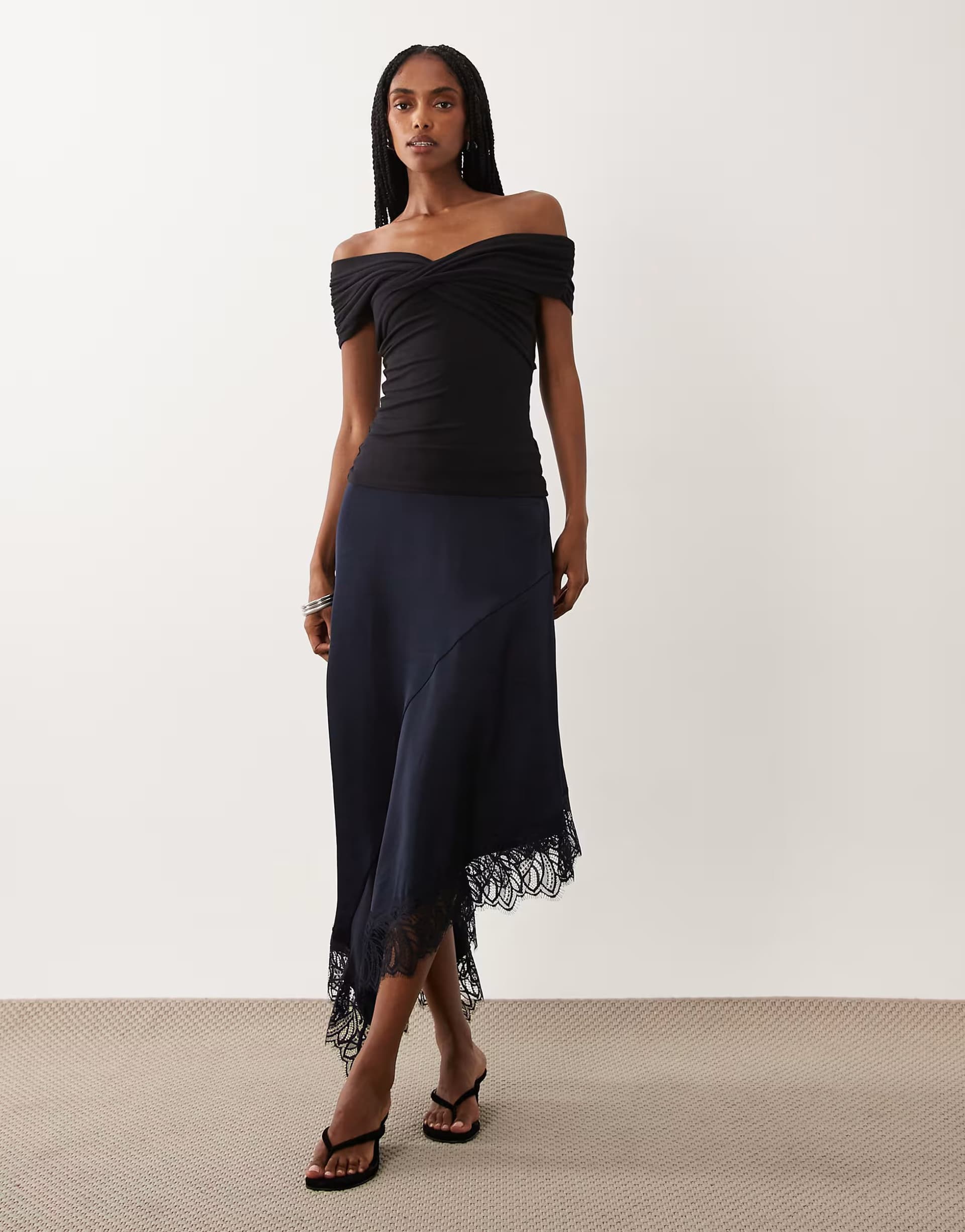 ASOS Vila asymetric satin mini skirt with lace trim in navy