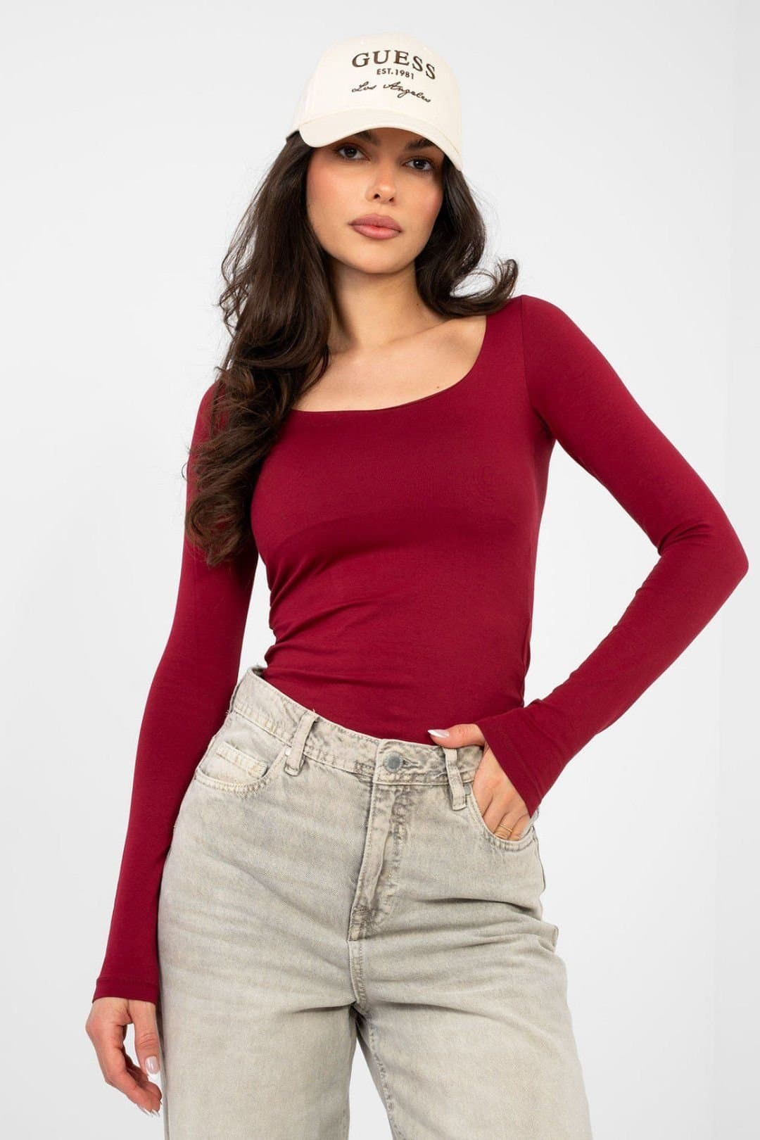 Love Lace Love Lace Women's Square Neck Fitted Cotton Elastane Blouse Style 224773 in Burgundy