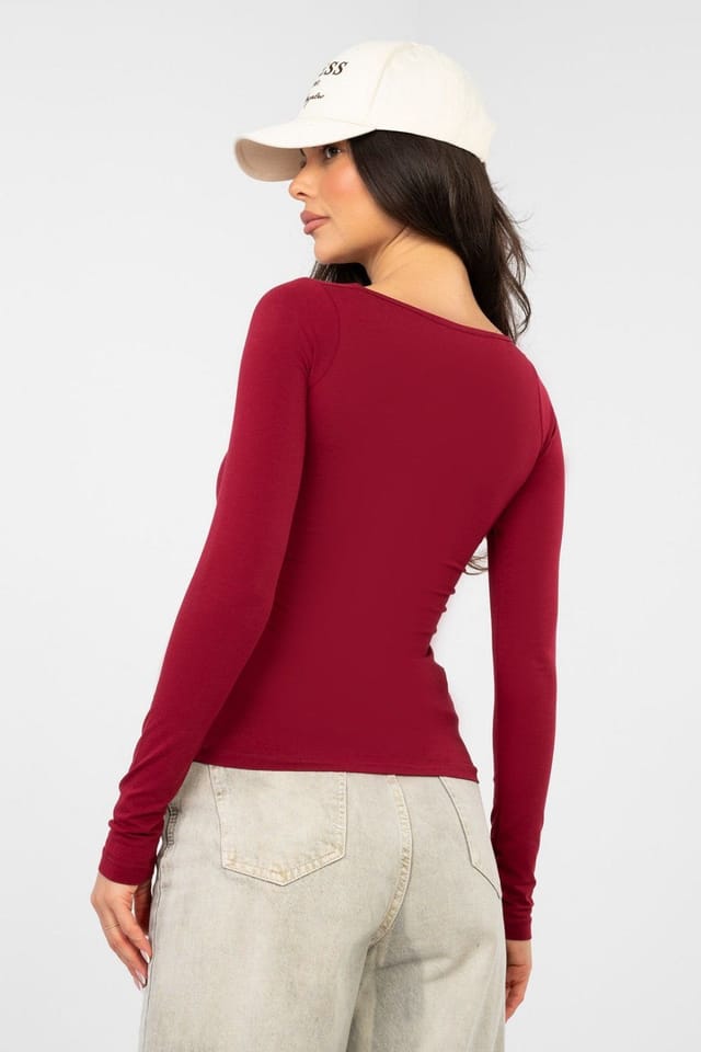 Love Lace Love Lace Women's Square Neck Fitted Cotton Elastane Blouse Style 224773 in Burgundy - 3