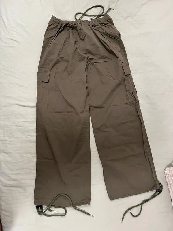 ASOS Khaki Green Parachute Cargo Trousers - Adjustable Drawstring Ankle - One Size / M