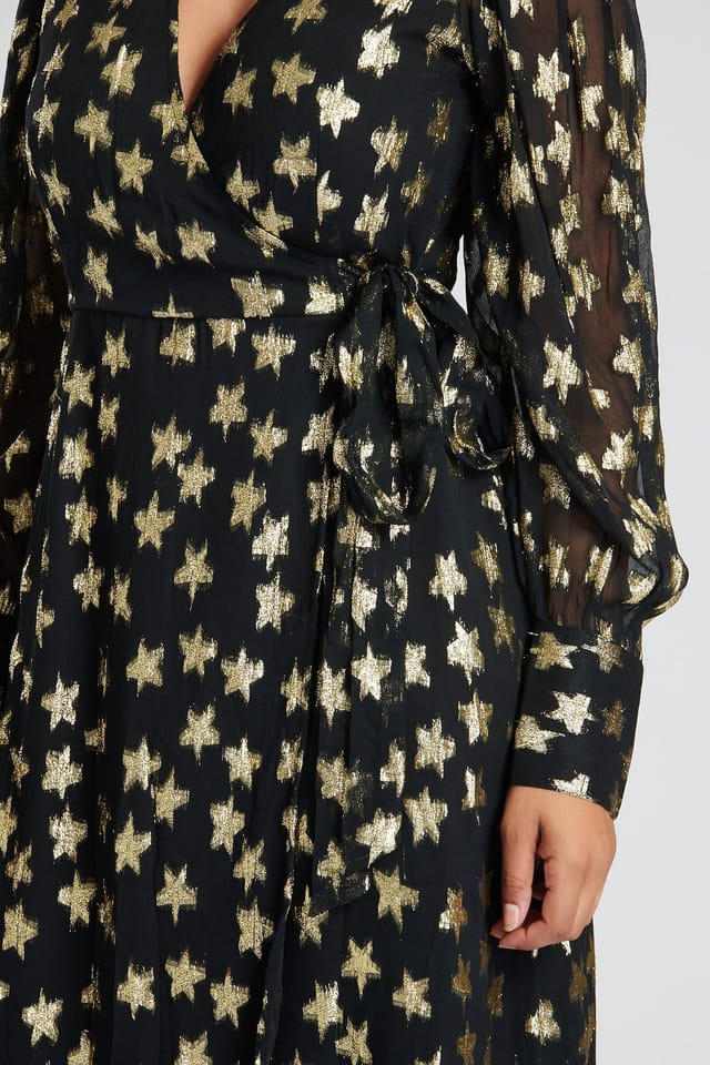 Finding Friday Finding Friday Women's Metallic Star Long Sleeve Wrap Dress in Black - 3