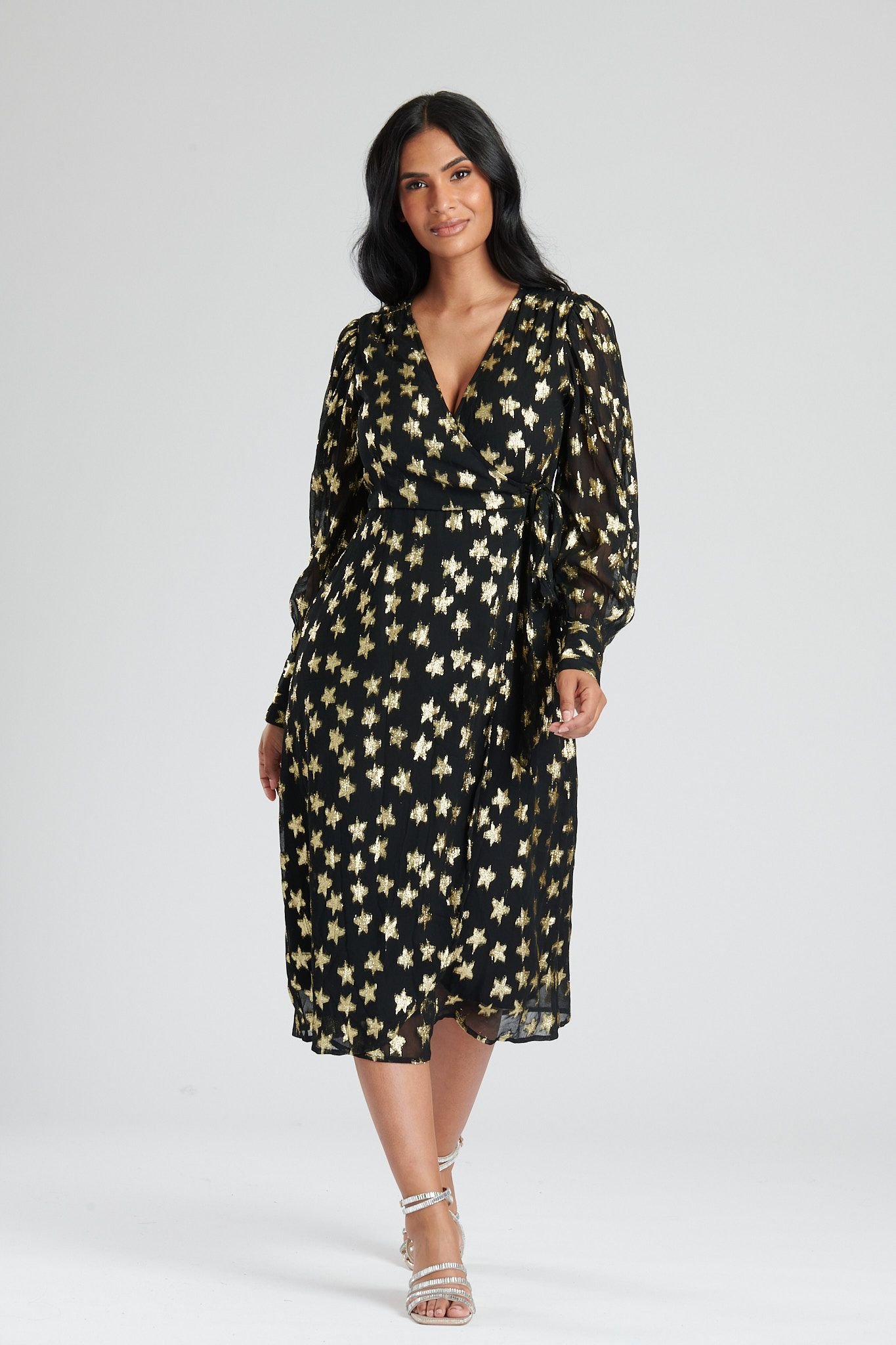 Finding Friday Finding Friday Women's Metallic Star Long Sleeve Wrap Dress in Black - 4