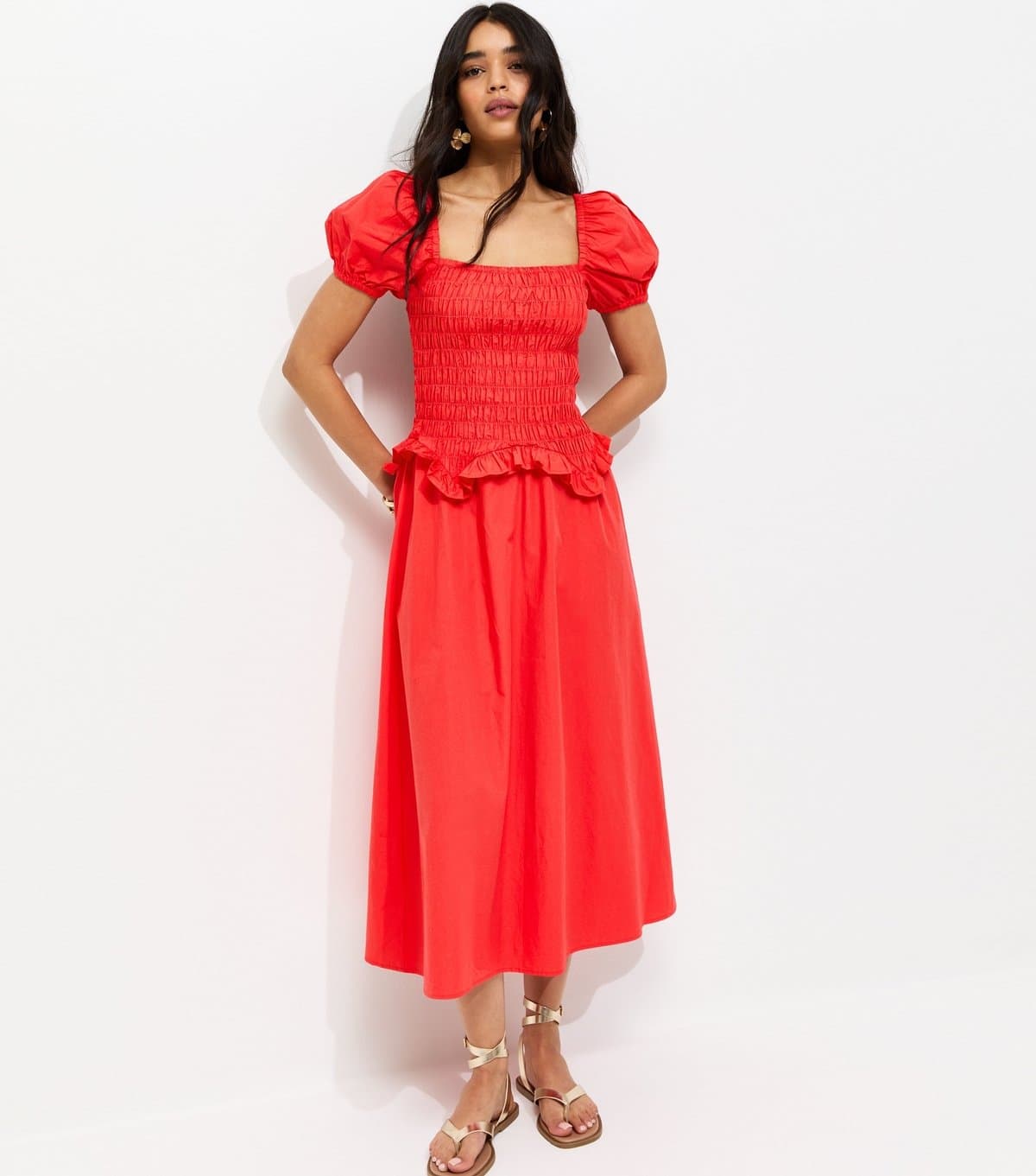 New Look Women's Light Coral Shirred Dropped Waist Midi Dress New Look