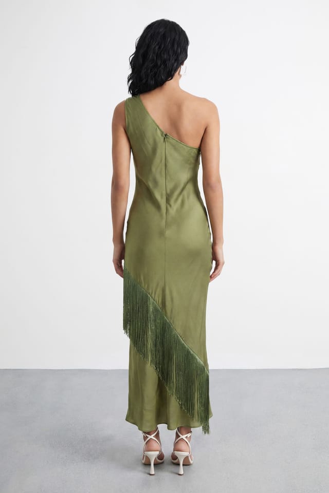 Warehouse Warehouse Women's One Shoulder Embroidered Fringed Midi Dress in Olive - 3