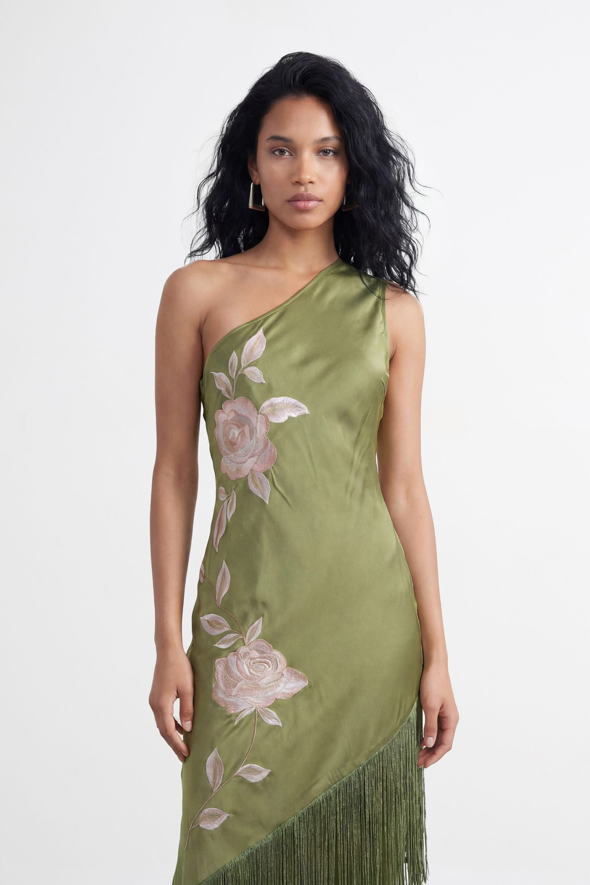 Warehouse Warehouse Women's One Shoulder Embroidered Fringed Midi Dress in Olive - 4