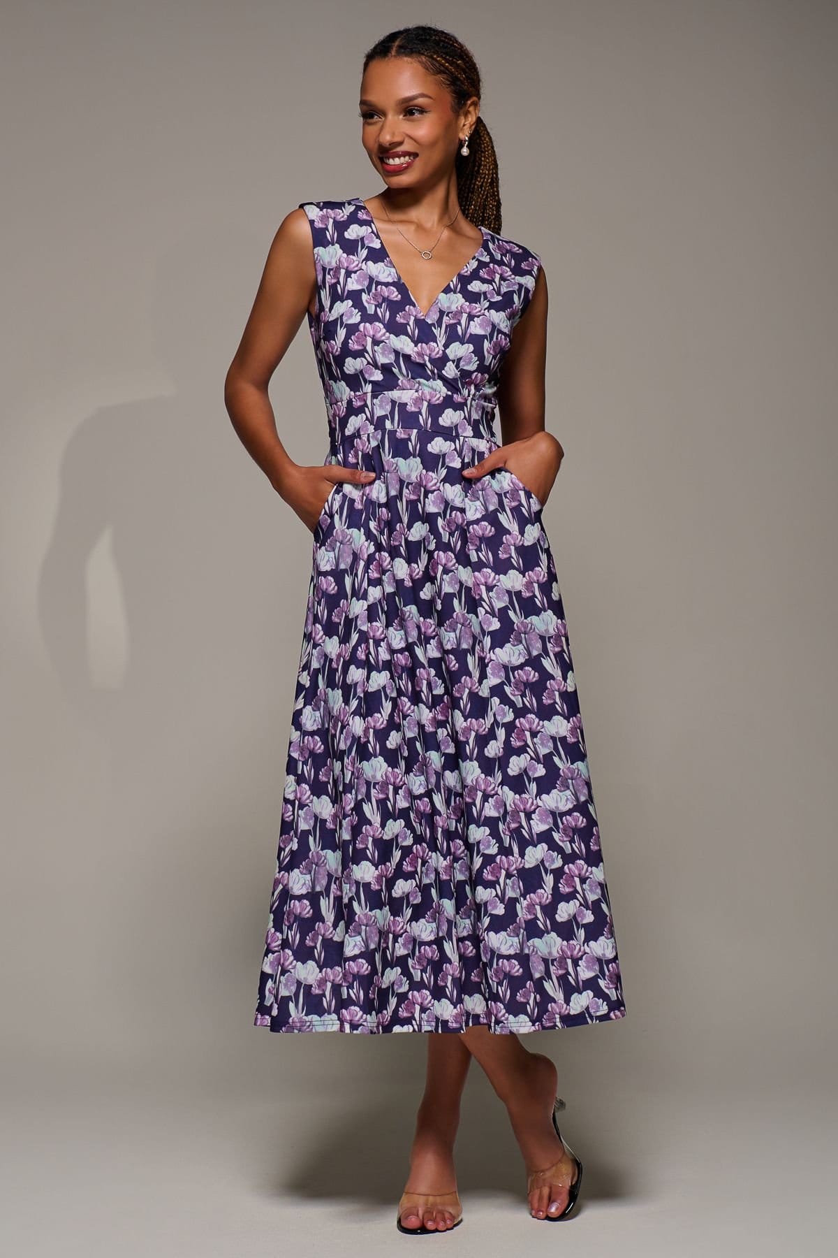 Jolie Moi Jolie Moi Women's V-Neck Fit & Flare Scuba Midaxi Dress in Purple - 1