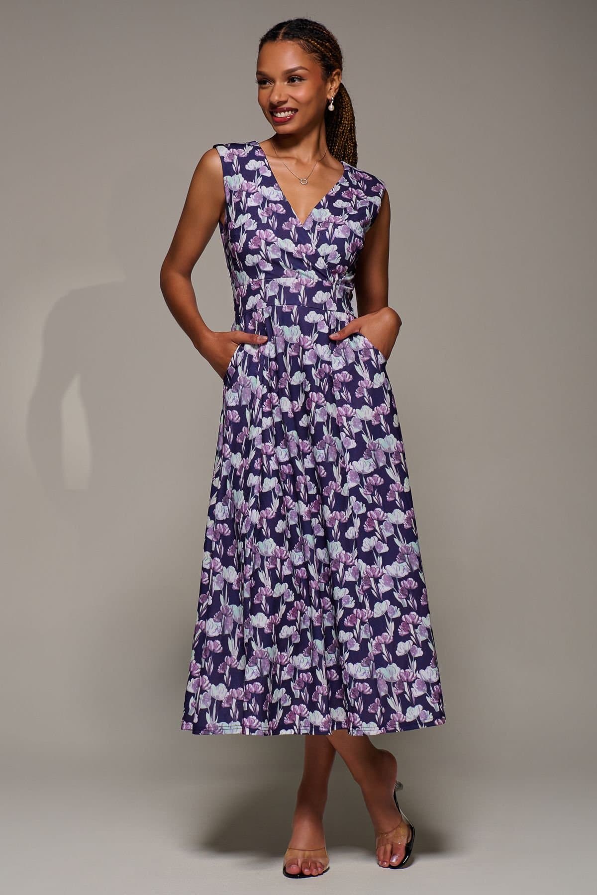 Jolie Moi Jolie Moi Women's V-Neck Fit & Flare Scuba Midaxi Dress in Purple