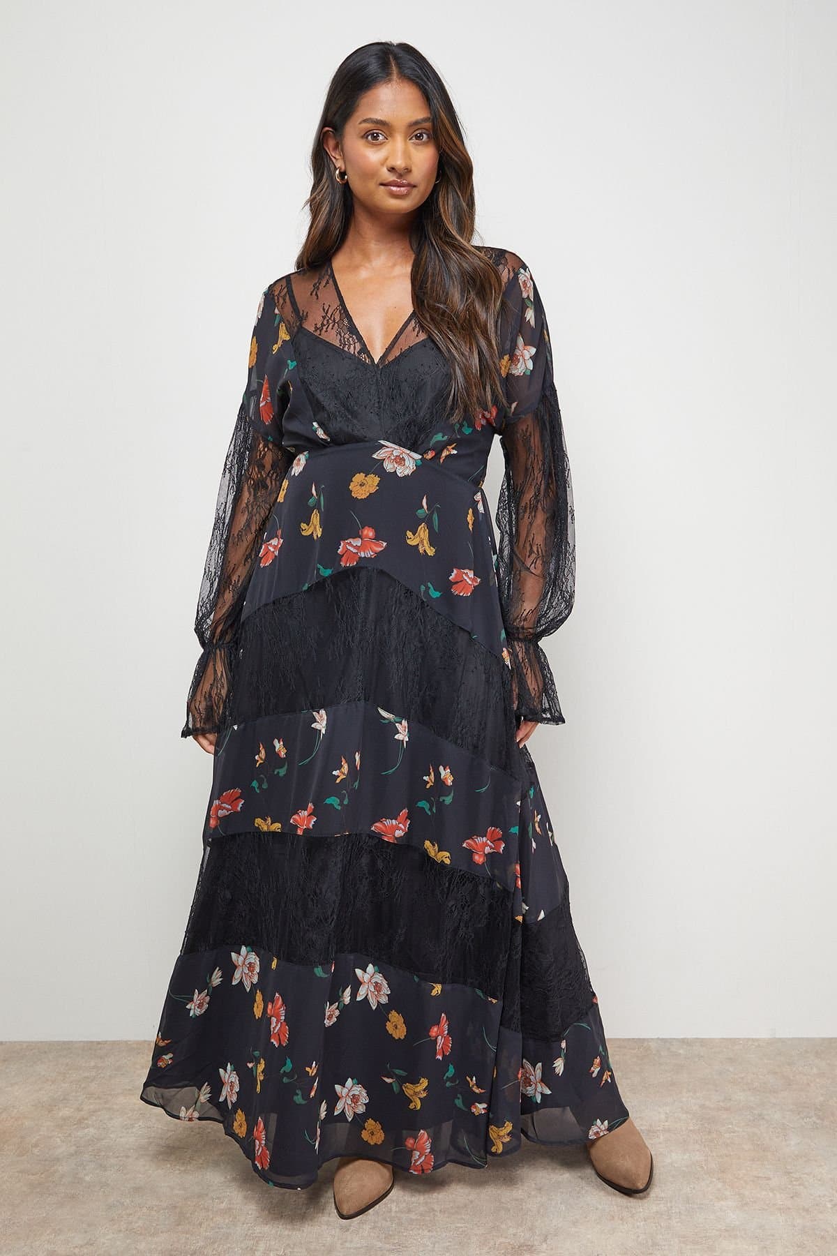 Oasis Oasis Women's Printed Lace Panel Detail V Neck Midaxi Dress