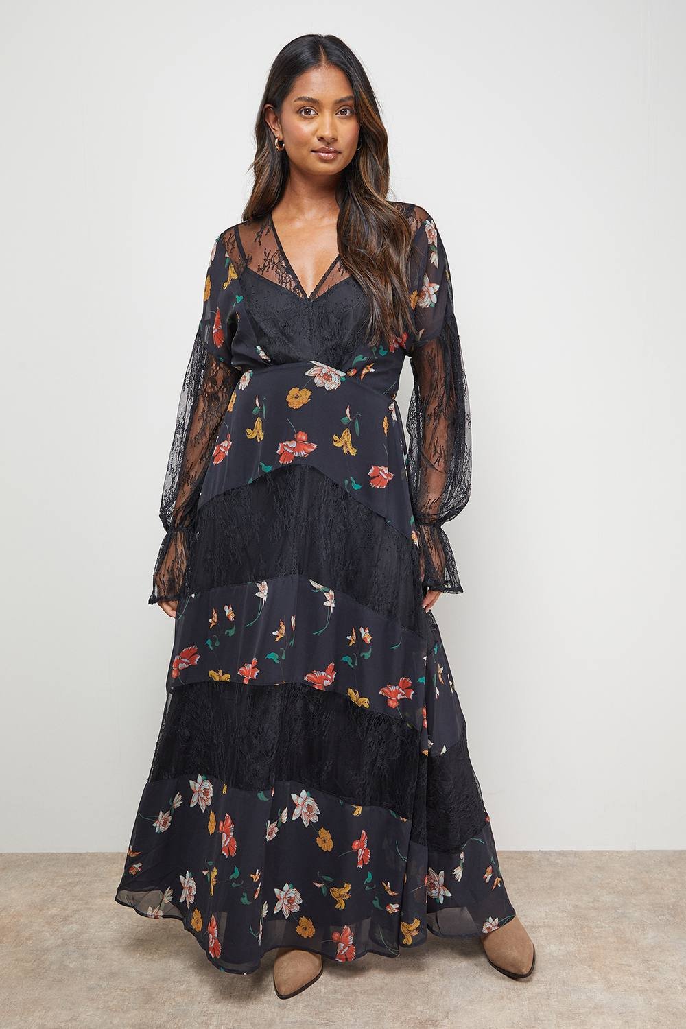 Oasis Oasis Women's Printed Lace Panel Detail V Neck Midaxi Dress - 2