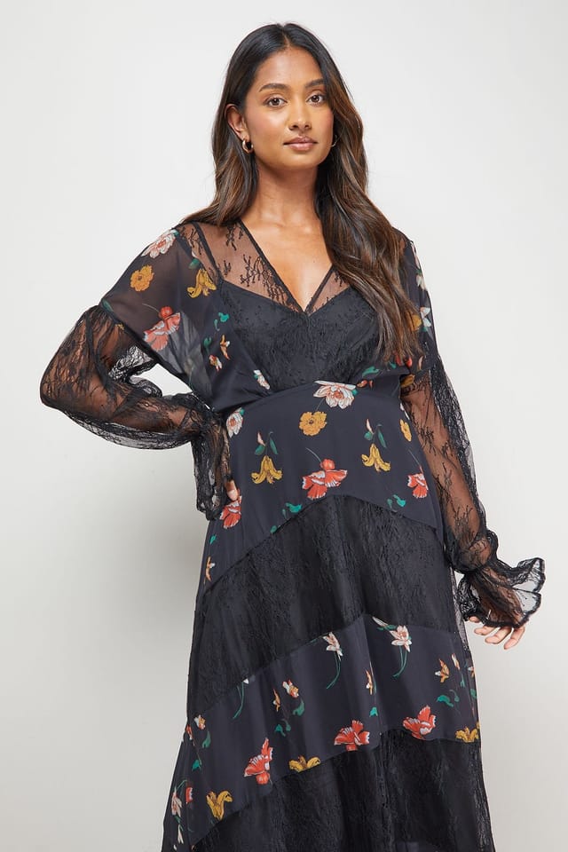 Oasis Oasis Women's Printed Lace Panel Detail V Neck Midaxi Dress - 2