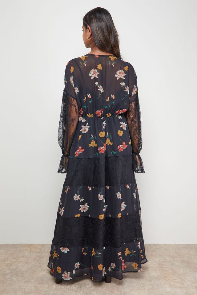 Oasis Oasis Women's Printed Lace Panel Detail V Neck Midaxi Dress - 3