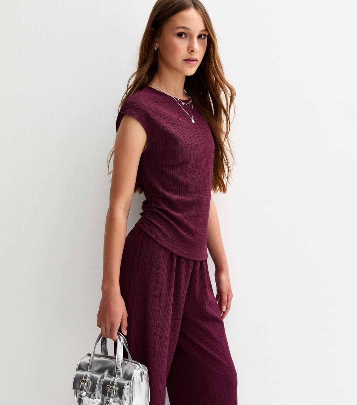 New Look Girls' Dark Burgundy Textured Jersey Ruched Side Asymmetric Top New Look