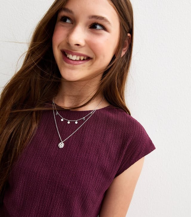 New Look Girls' Dark Burgundy Textured Jersey Ruched Side Asymmetric Top New Look - 2