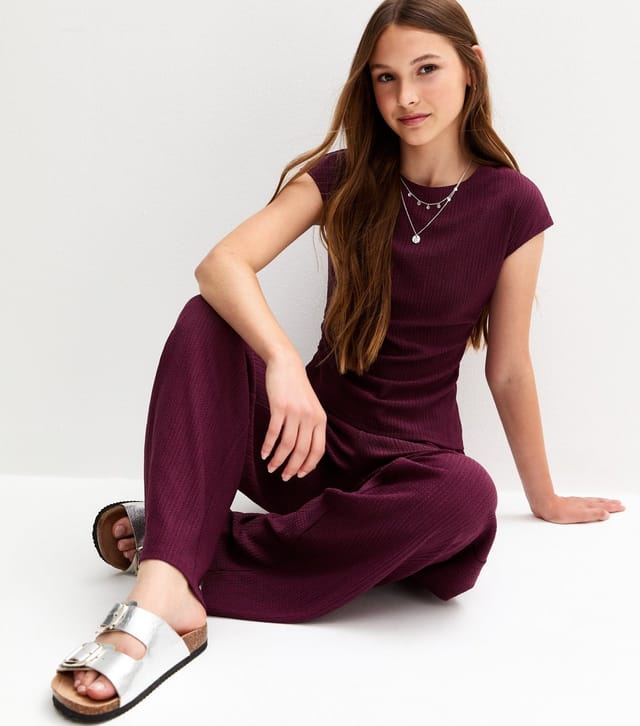New Look Girls' Dark Burgundy Textured Jersey Ruched Side Asymmetric Top New Look - 3