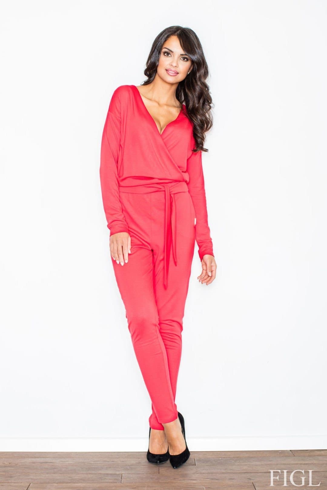 Love Lace Love Lace Women's Monochrome Triangle Neck Belted Jumpsuit in Red