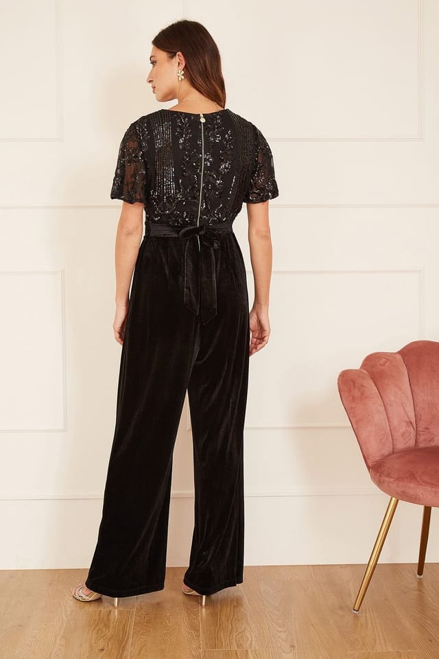 Yumi Yumi Women's Black Sequin Embellished Velvet Jumpsuit With Angel Sleeves - 3
