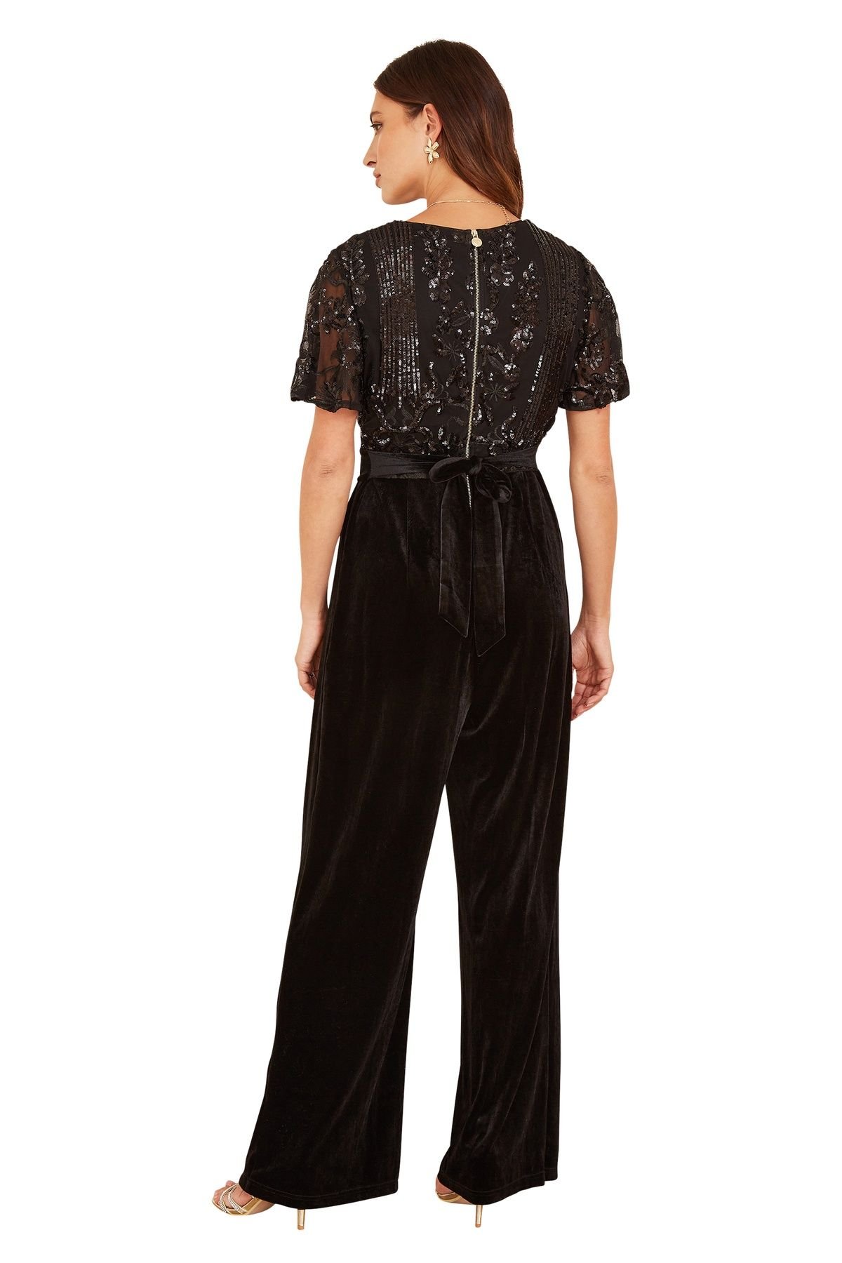 Yumi Yumi Women's Black Sequin Embellished Velvet Jumpsuit With Angel Sleeves - 4