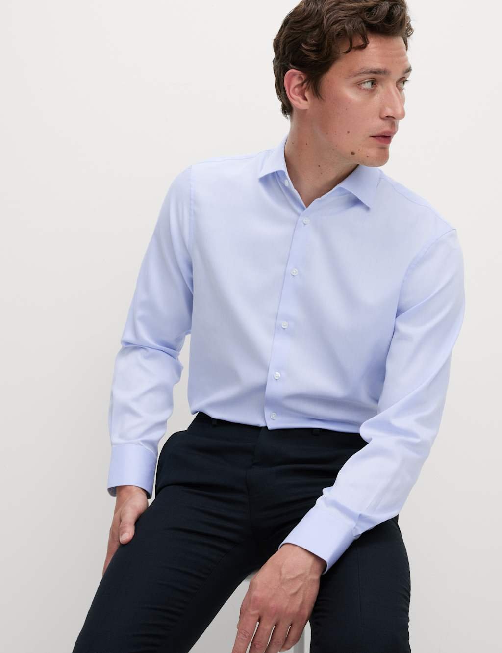 Marks & Spencer M&S Regular Fit Non Iron Cotton Blend Shirt Blue - 1