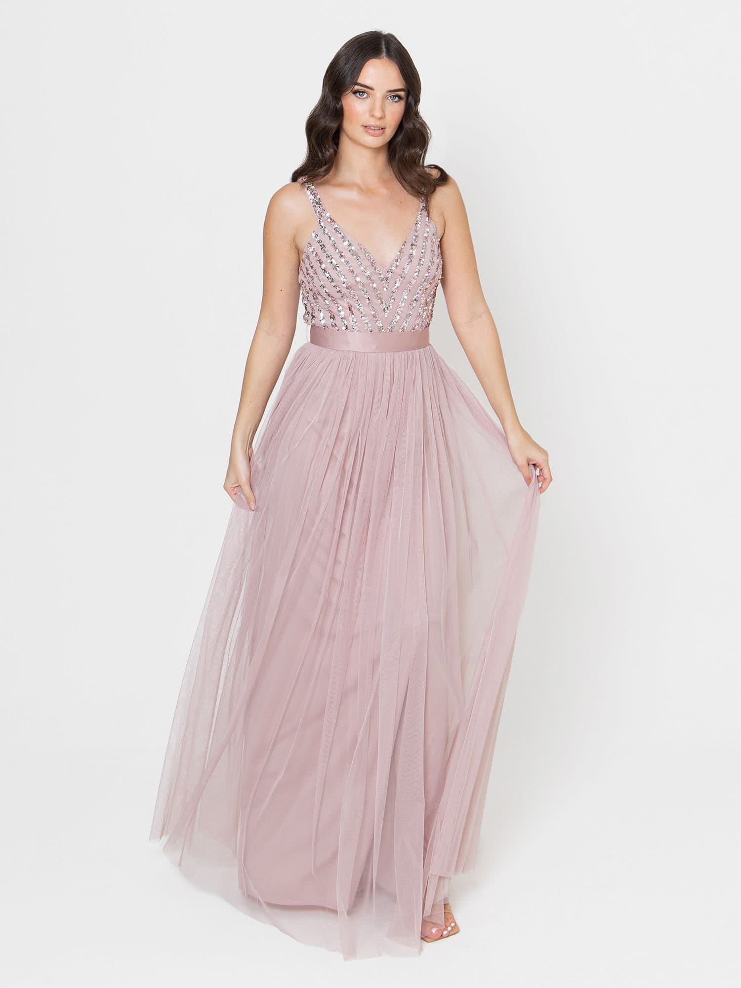 Maya Deluxe Maya Deluxe Women's Stripe Embellished Maxi Dress in Light Pink