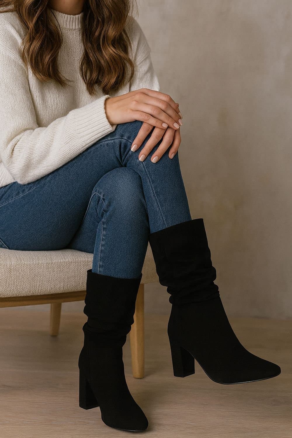 Down To Earth Down To Earth Women's Mid Calf Block Heel Slouch Boots - Faux Suede Pull-On Dress Boots in Black