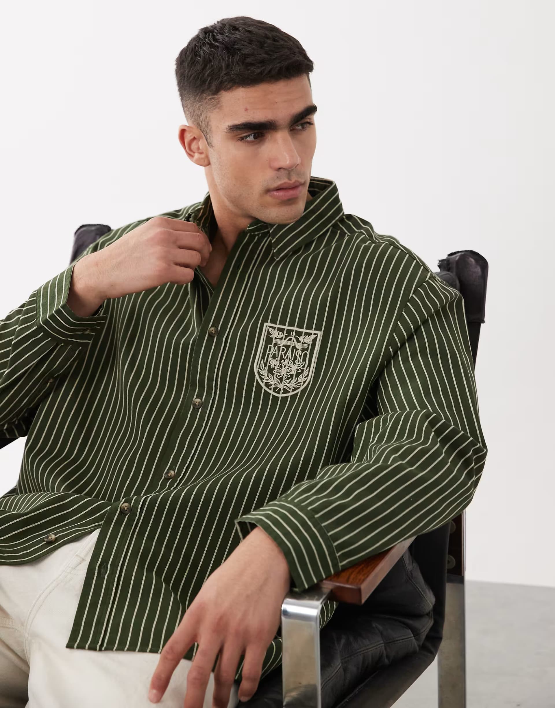 ASOS ASOS DESIGN oversized twill stripe shirt with chest embroidery in green