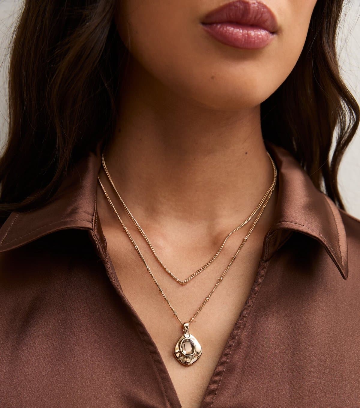New Look Gold Tone Brown Faux Gem Pendant Necklace New Look