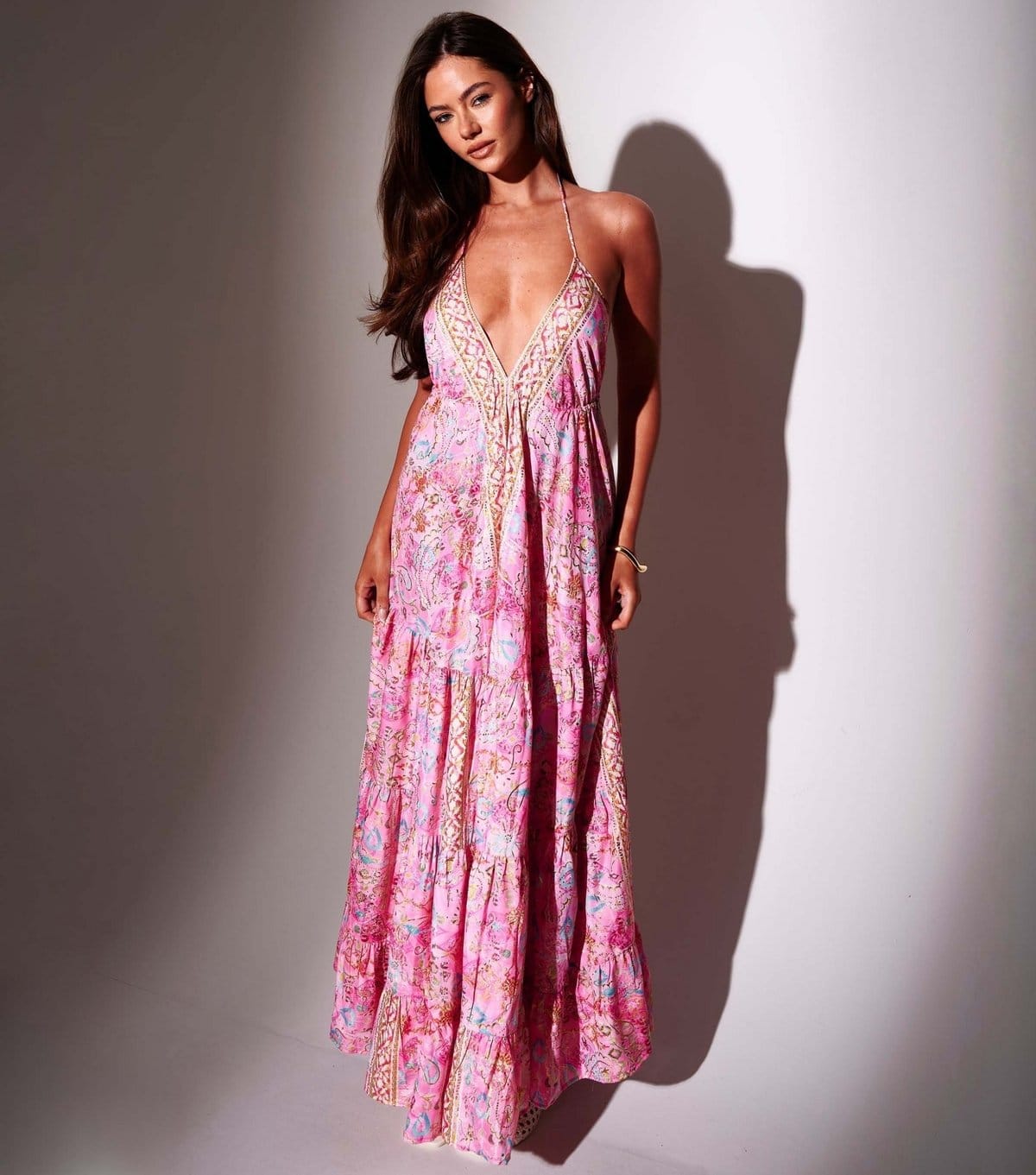South Beach Pink Printed Halter Neck Maxi Dress