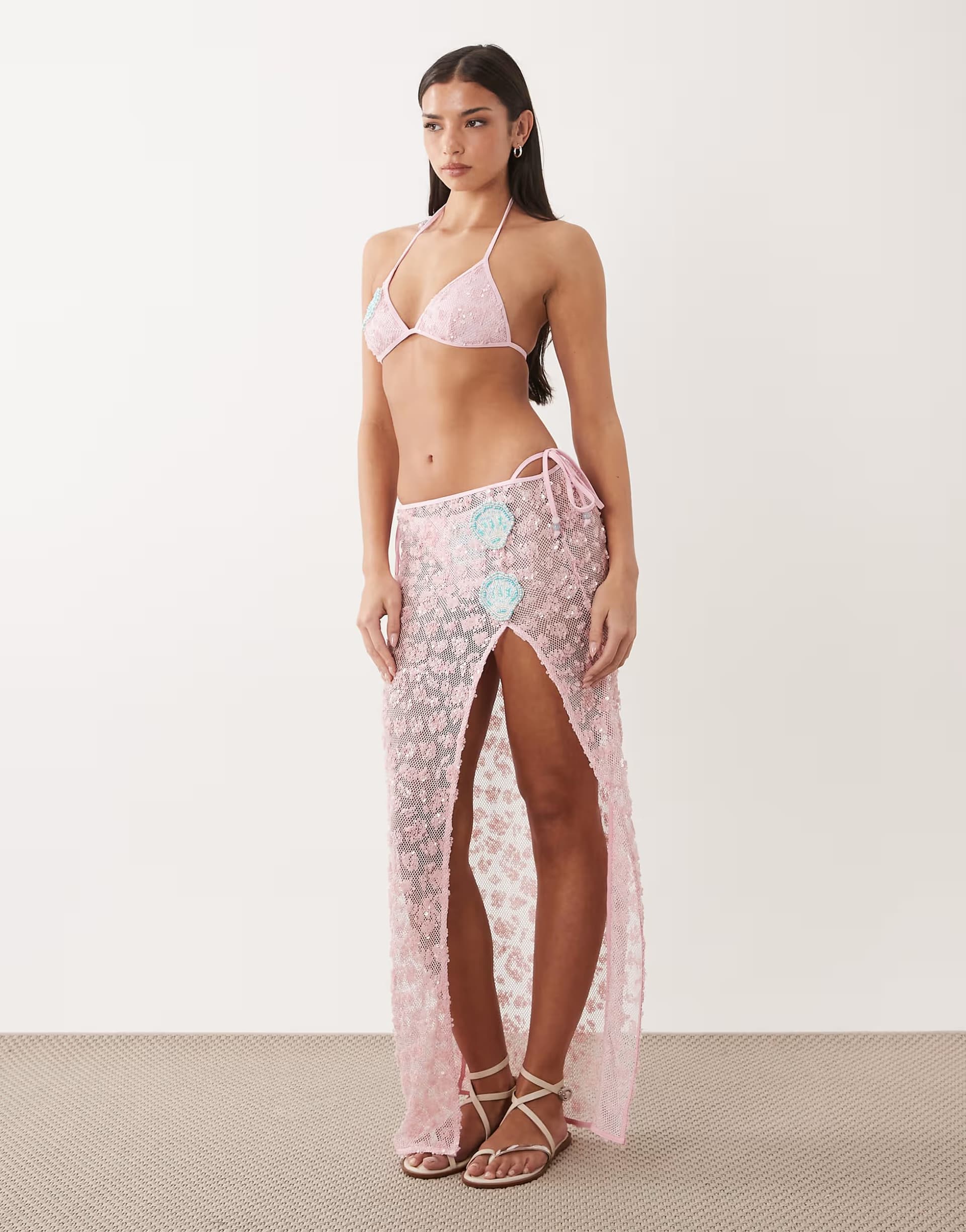 ASOS South Beach sequin maxi skirt with shell applique in baby pink